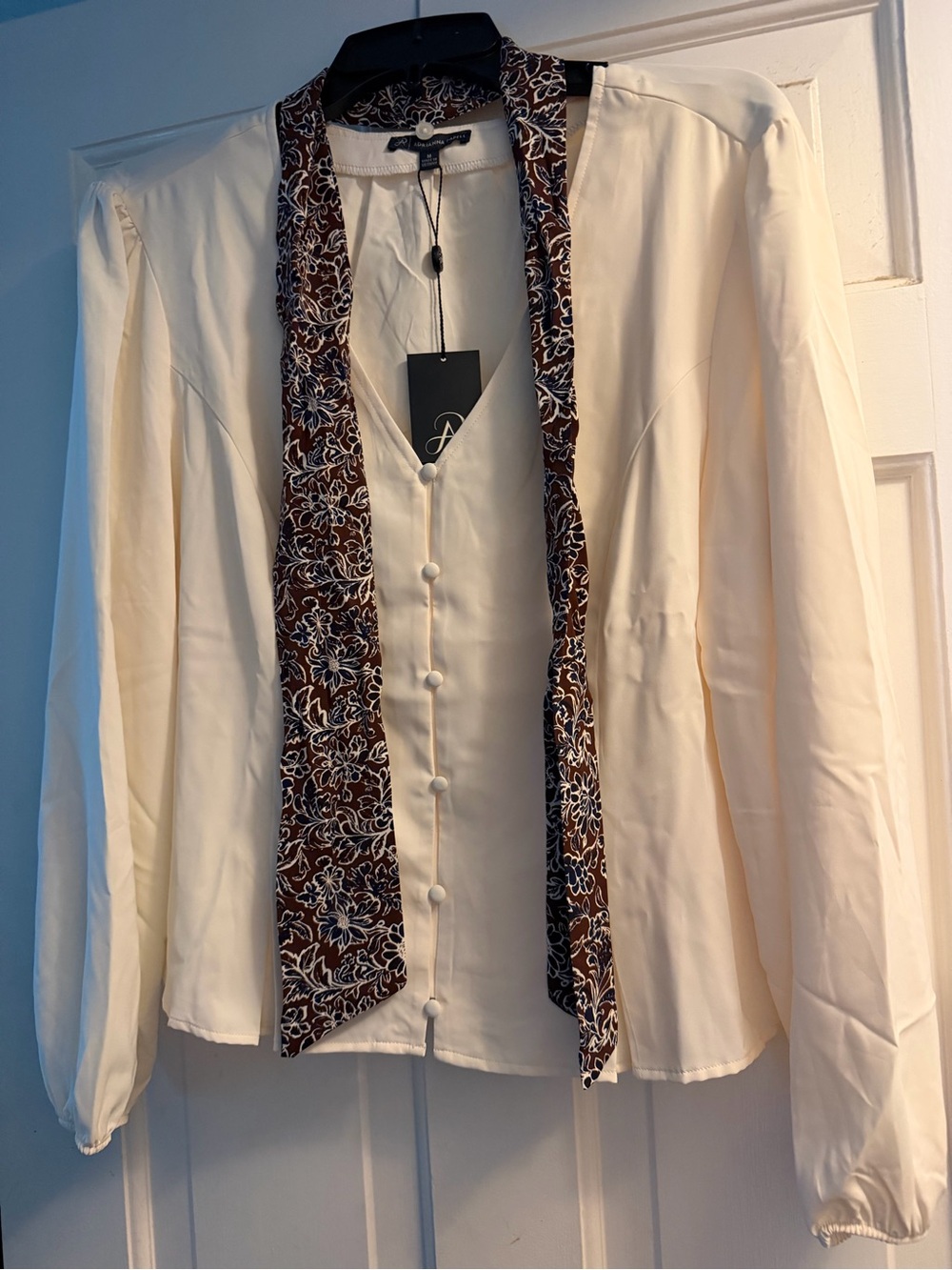 Adrianna Papell Cream Blouse Jacket with Brown Floral Trim Org. $99